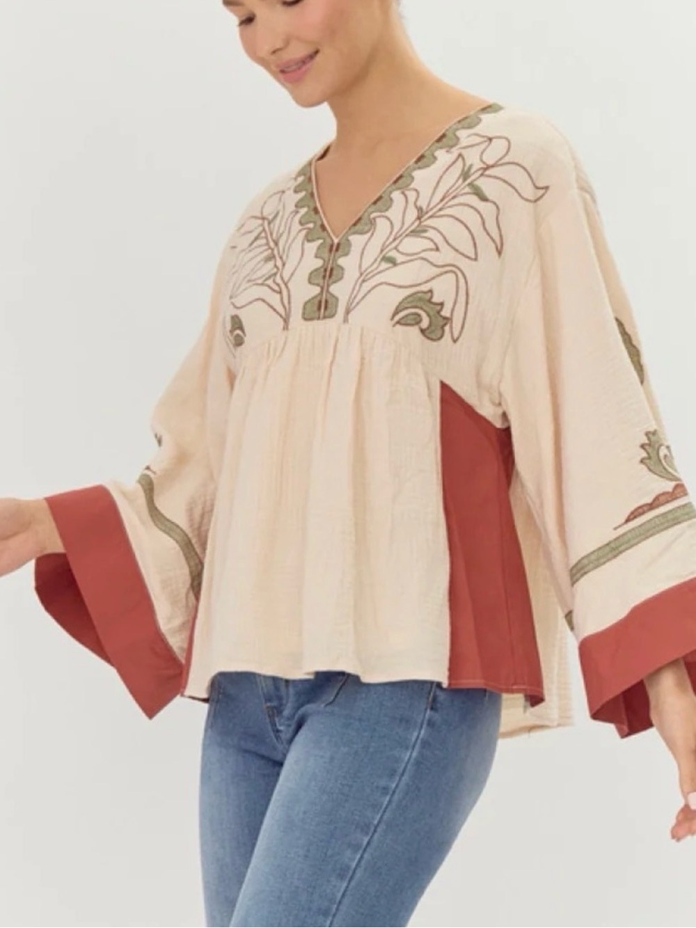 Jodifl Embroidered Cream Boho Western Indie Wide Sleeve Top Festival Size L